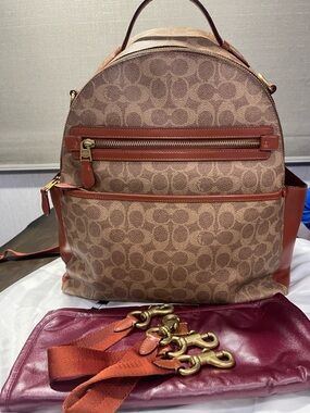 Coach Diaper bag Monogram Canvas Backpack with Brown Leather Trim